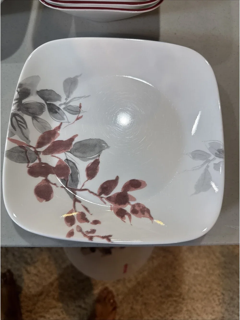 Corelle Kyoto Leaves 16pc Square Set, White/Red/Gray, PLUS LG serving bowl.